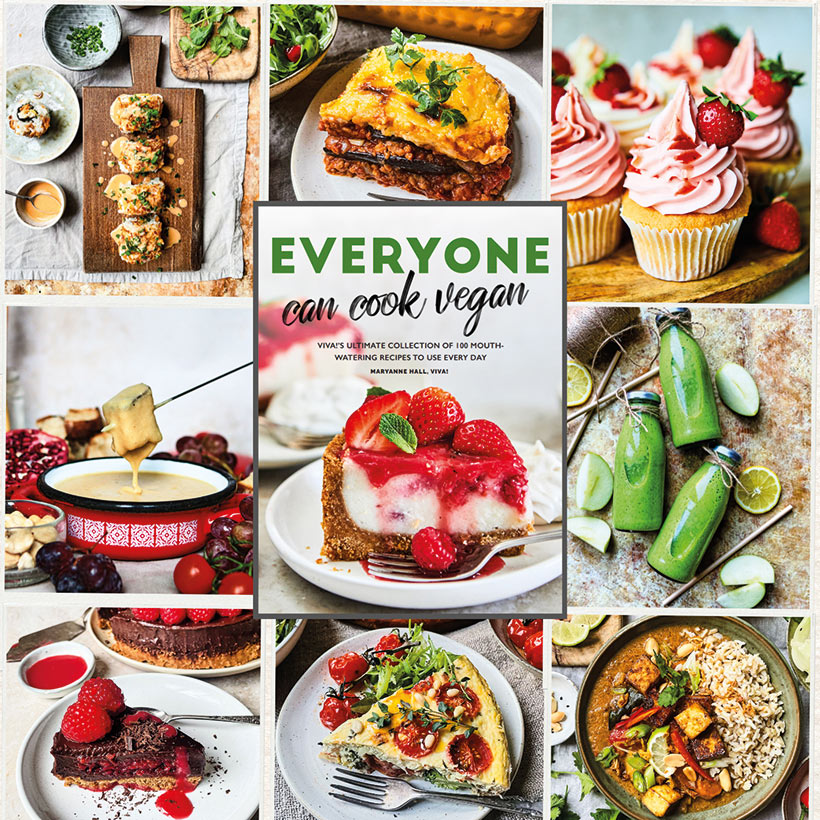 'EVeryone Can Cook Vegan' cookbook cover and recipe images