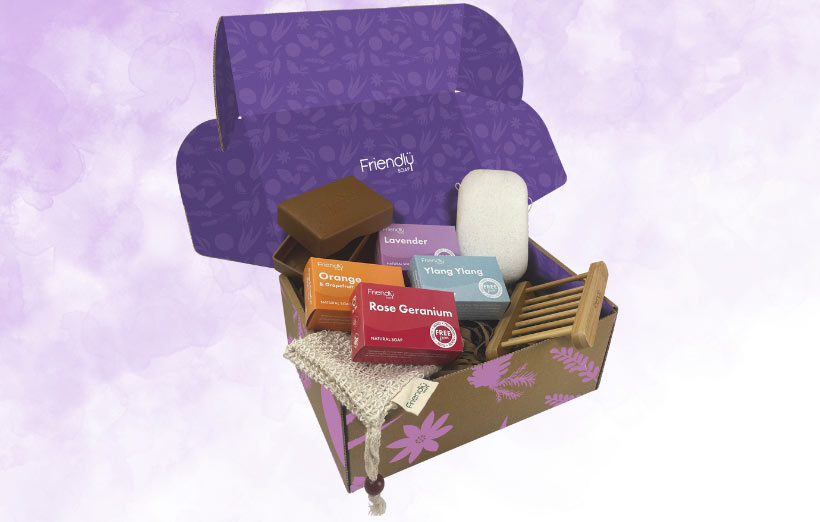 cardboard hamper with soaps and bath accessories