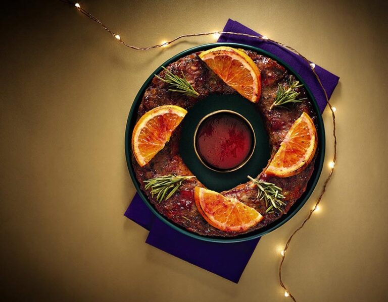 Aldi’s Vegan Festive Wreath is packed with butternut squash, cranberries, chestnuts and pumpkin seeds, topped with candied orange slices and a mulled festive glaze. Photo © Aldi