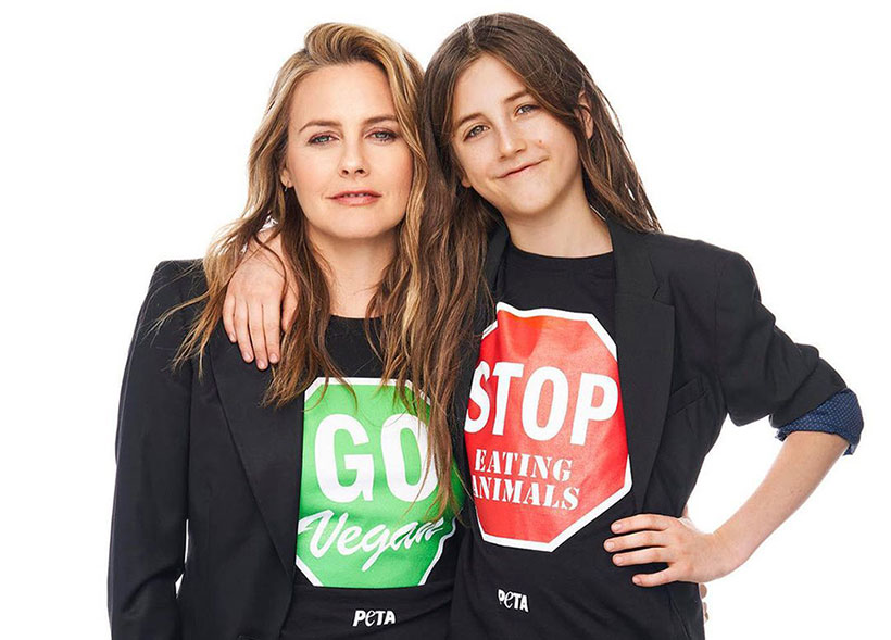 Alicia Silverstone and her son wearing'Go Vegan' t-shirts for PETA campaign 