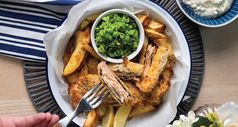 Banana Blossom ‘Fish’ and Chips with Tartare Sauce and Crushed Peas