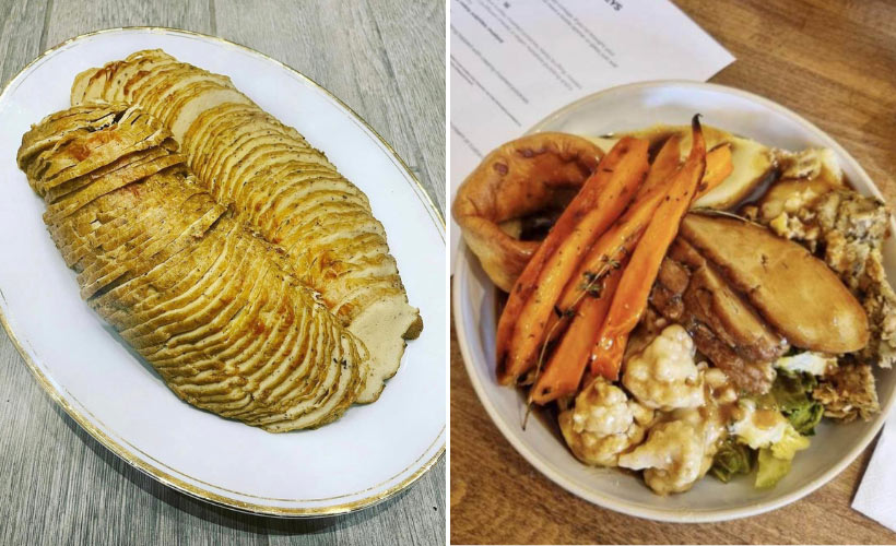 vegan turkey alternative sliced on plate and served as part of roast dinner