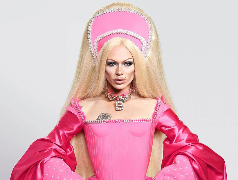 Drag queen Bimini Bon Boulash wearing a bright pink Elizabethan-inspired outfit 