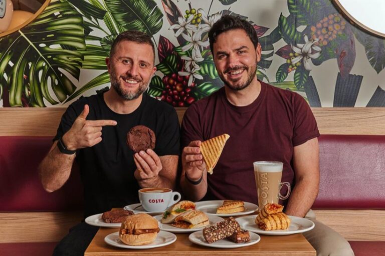 The range includes 8 scrumptious items including a Smashin’ Sausage Bap, a Plant-Based Saucy Chicken Fajita Wrap and a Caramelised Biscuit Rocky Road. Photo © Costa Coffee