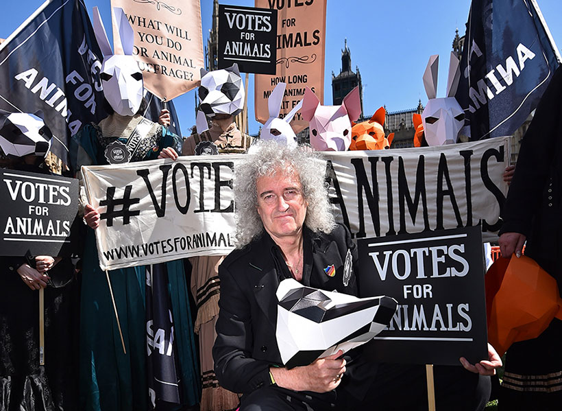 Brian May at an animal rights march posing in front of protestors holding banners 