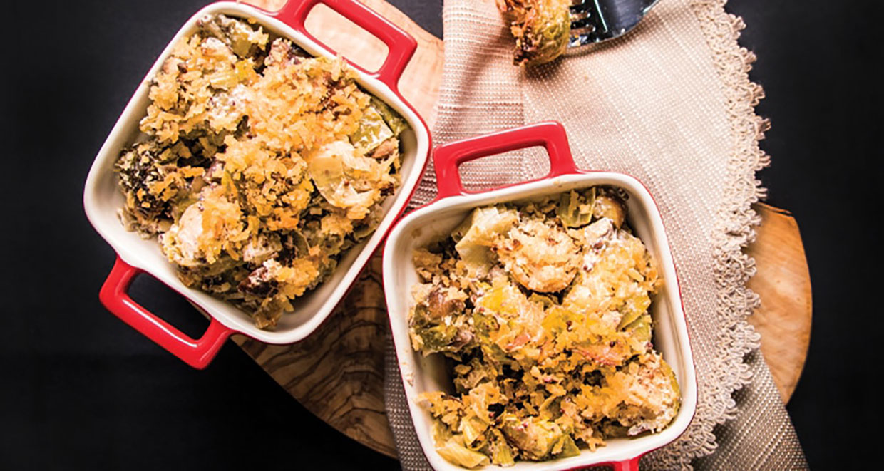 Vegan Brussels Sprout, Leek and Chestnut Gratin