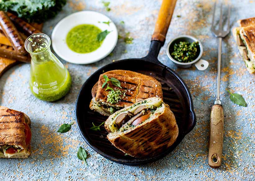 Chargrilled Vegan Sausage Paninis with Kale Pesto and Chilli Oil