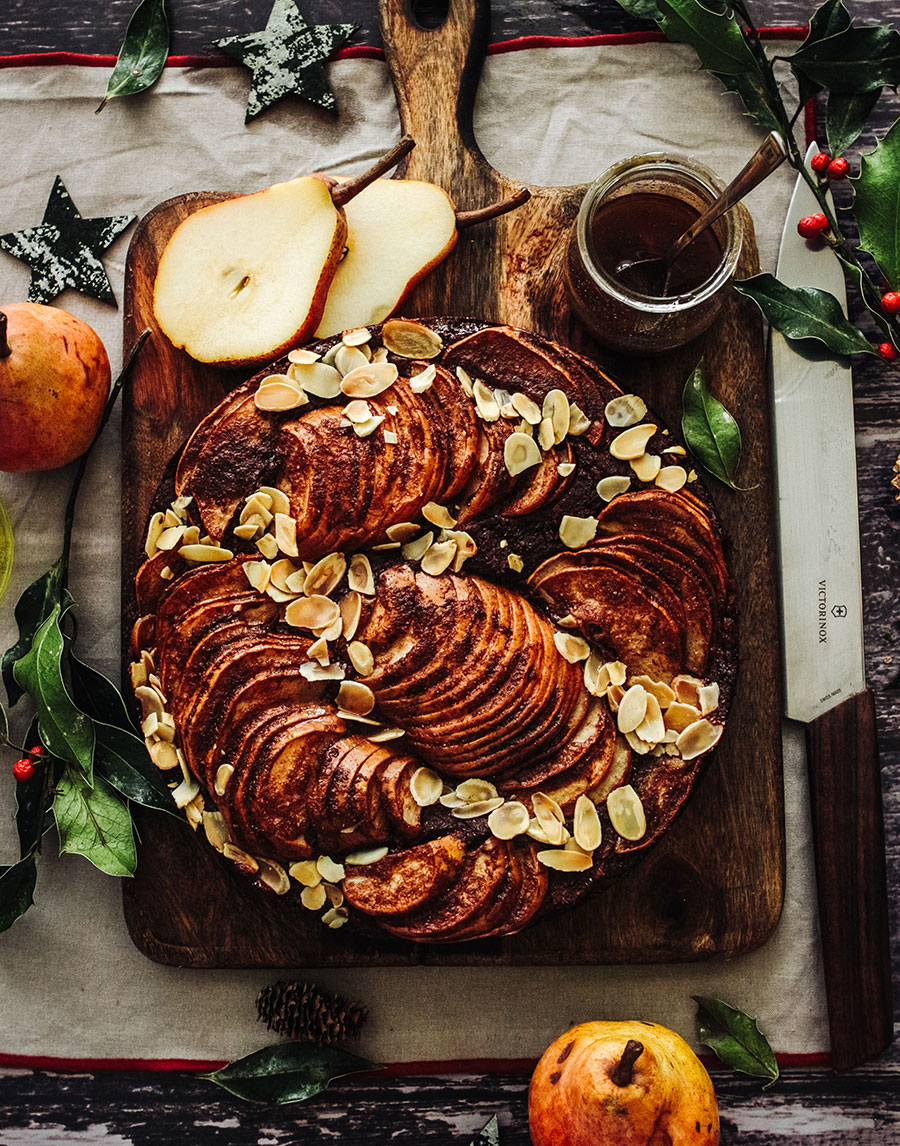 Chestnut, Chocolate Almond Cake With Spiced Pears