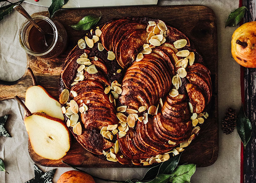 Chestnut chocolate almond cake with pears