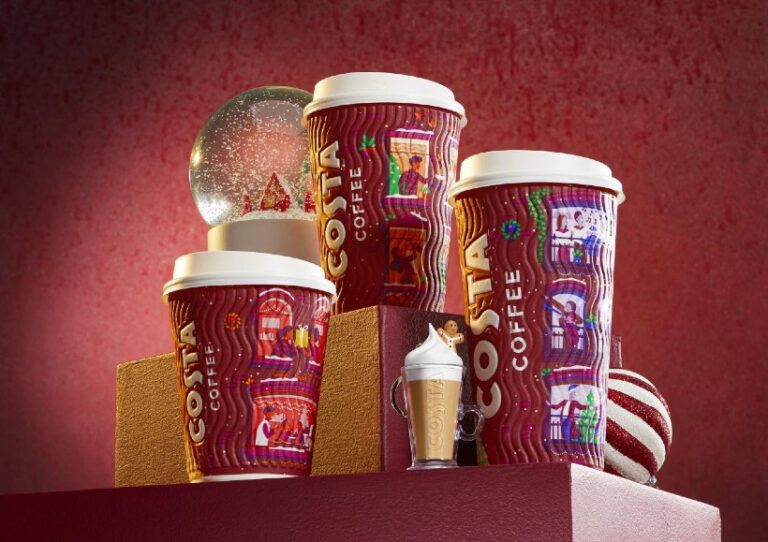 The new festive takeaway cups at Costa Coffee include heart-warming Christmas scenes. Image © Costa Coffee