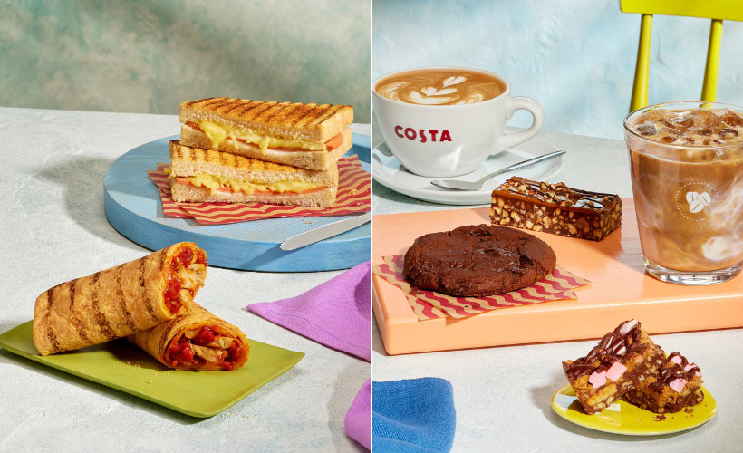 Costa's selection of veganuary product launches spread on table with hot drinks