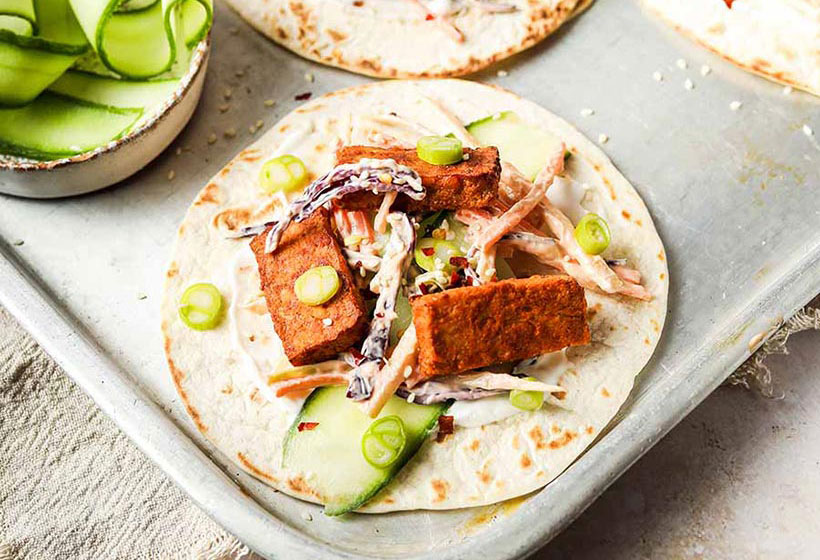 Crispy Vegan Tempeh Tacos and Spicy Cream Cheese Slaw