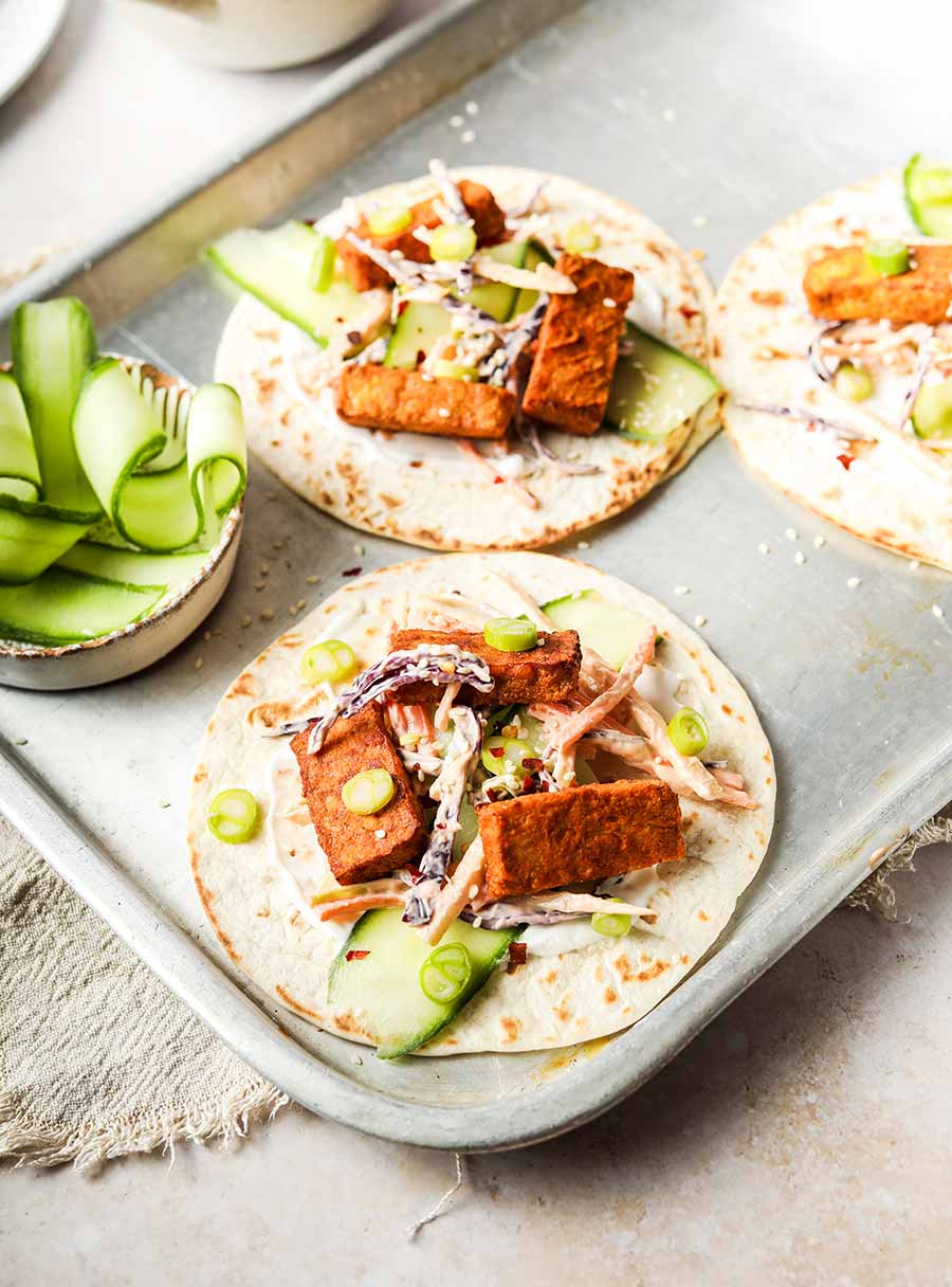 Crispy Vegan Tempeh Tacos and Spicy Cream Cheese Slaw Recipe