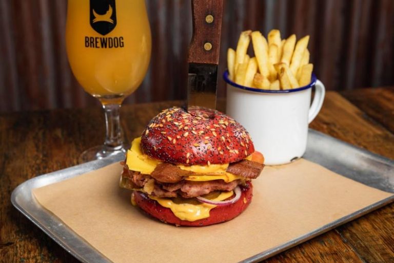 The Double Bacon Cheese vegan burger from BrewDog. Photo © BrewDog