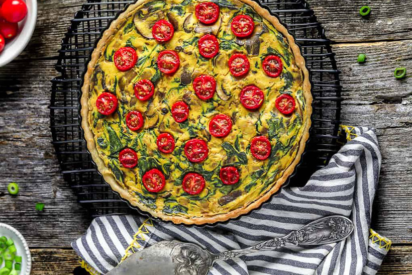 Spinach, Mushroom and Cherry Tomato Quiche