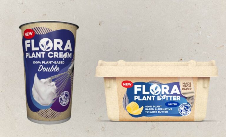 Flora's recent product innovations include a professional kitchen-quality plant-based cream and sustainable paper butter tubs. Images © Flora