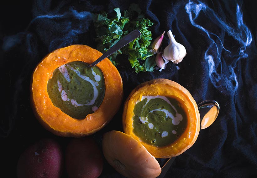 Witches Brew Soup served in pumpkins