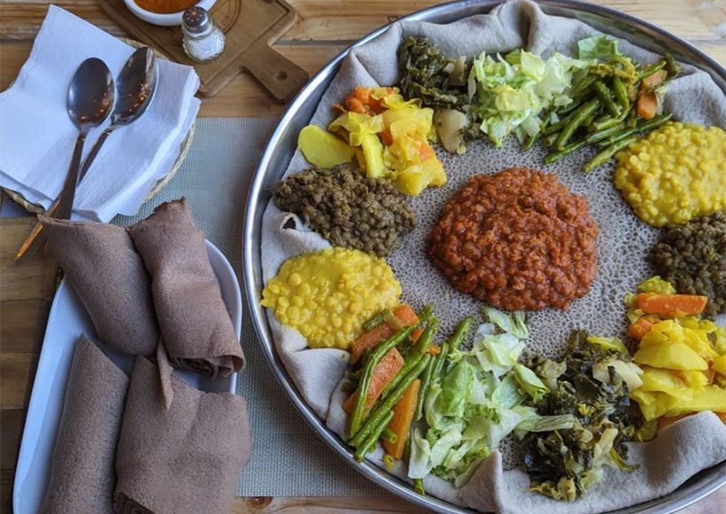 Injera with Ethiopian vegan dishes