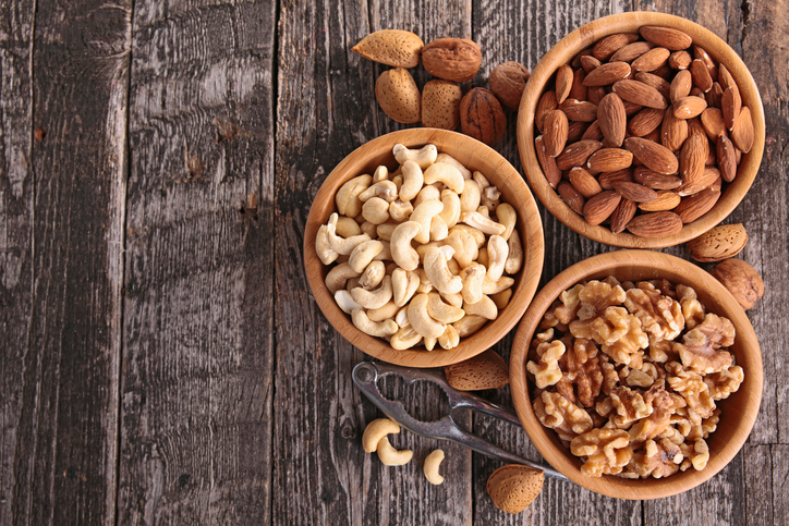 Overhead shot of nuts in bowls