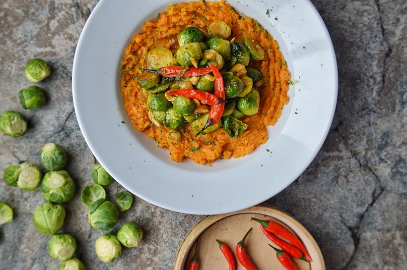 Maple Glazed Brussels Sprouts with Sweet Potato Mash