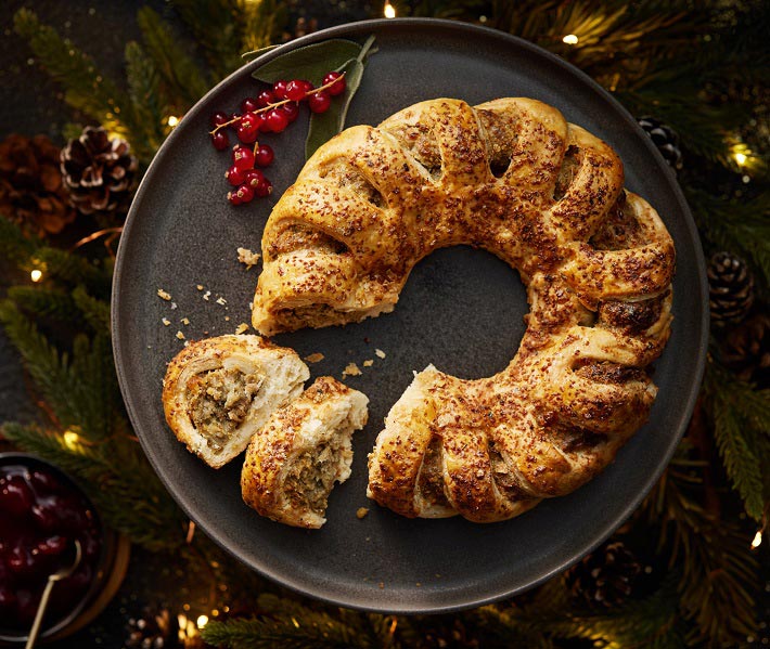 The Maple Parsnip, Chestnut & Sage Wreath serves 8 people and is a delicious vegan alternative to a festive wreath. Photo © Sainsbury's