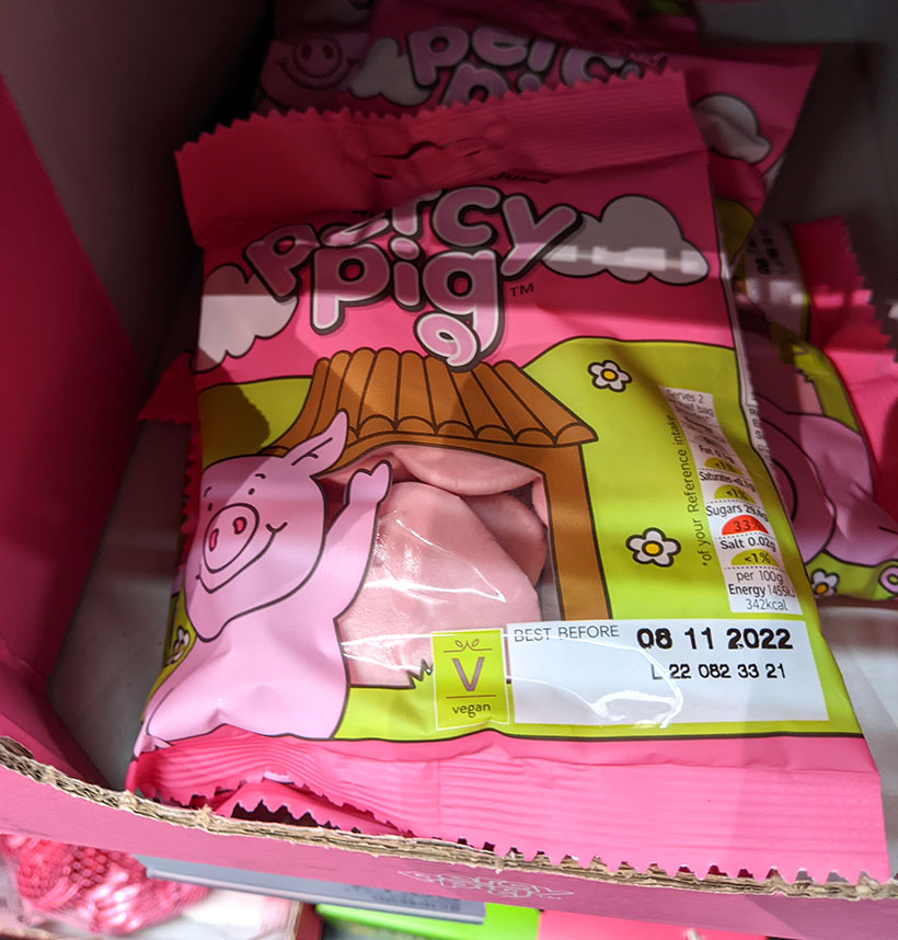 A bag of vegan Percy Pig sweets