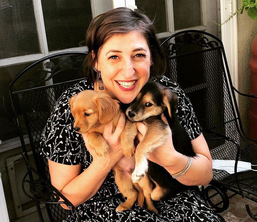 Mayim Bialik cuddling rescue puppies 