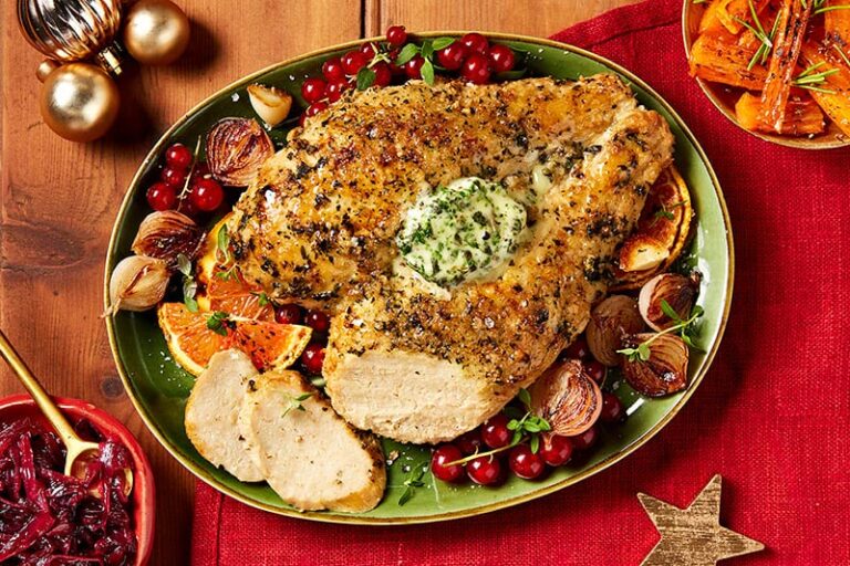 Morrisons' vegan turkey crown is a realistic alternative topped with parsley and sage vegan butter melt and a horseradish and herb crumb. Photo © Morrisons