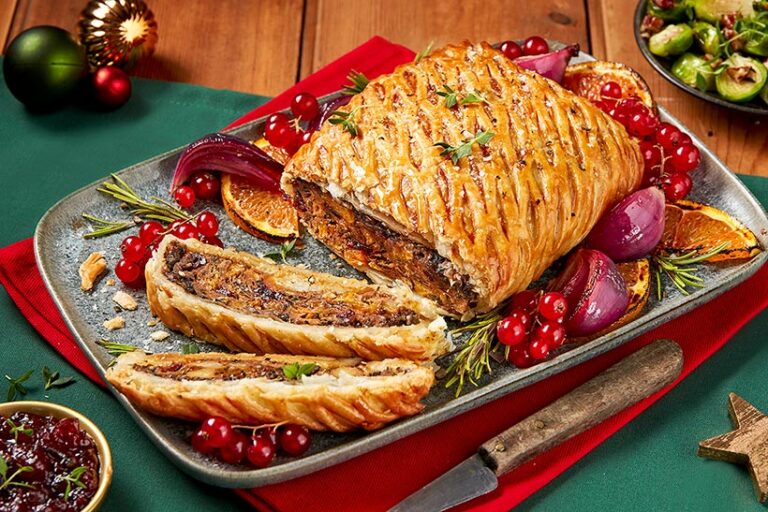 Morrisons' marvellous meat-free Wellington is filled with a delicious mix of seasoned butternut squash, parsnip, mushrooms and soya protein and topped with mushroom duxelles. Photo © Morrisons