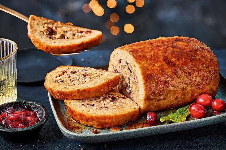 M&S Plant Kitchen's vegan turkey roast serves 4 people and is made from juicy pea protein with a mushroom, cranberry and sage stuffing centre. Photo © M&S