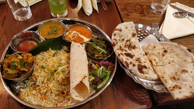 Platter of vegan Indian food from Namaste London