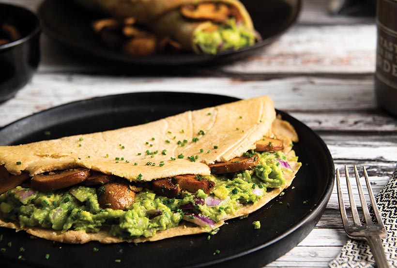 Vegan Oat Crêpes with Crushed Avocado and Mushrooms 