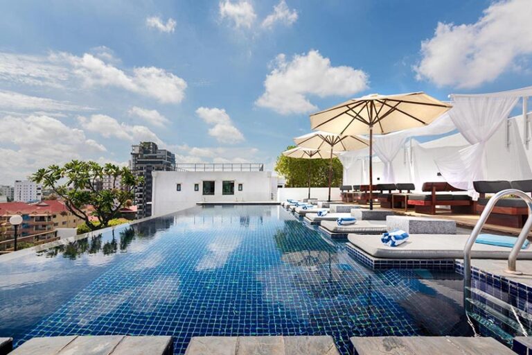 Patio Hotel boasts a rooftop swimming pool with views across the city and the Silver Pagoda and Royal Palace. Photo © PATIO Hotel & Urban Resort 