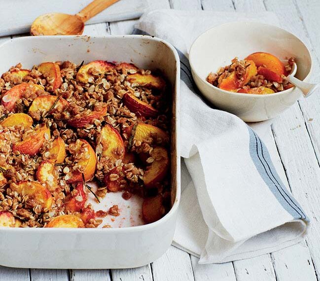 Healthy Vegan Peach and Rosemary Crumble Dessert