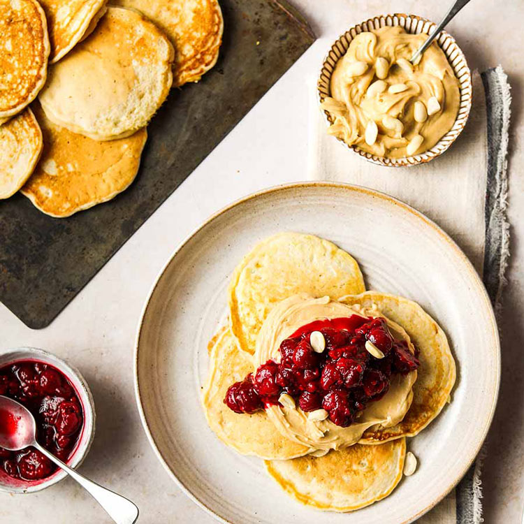 Peanut butter and jam vegan breakfast pancake