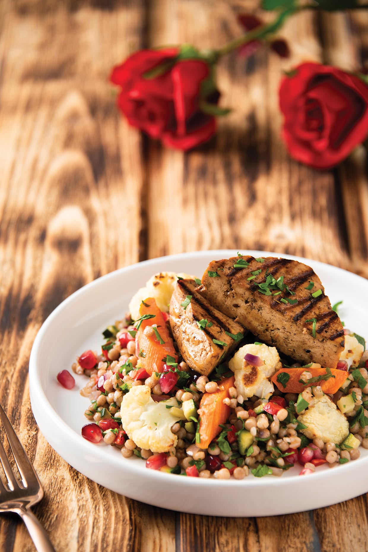 Vegan Pomegranate Glazed Tofu with Couscous