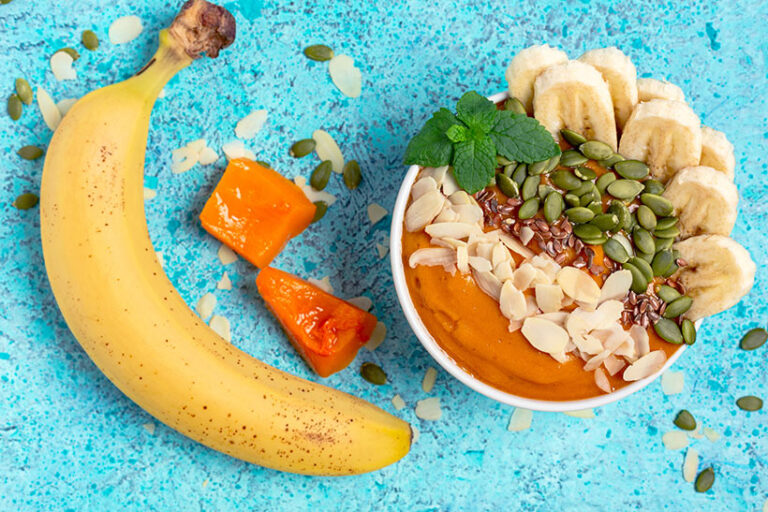 Pumpkin contains more potassium than banana. Together they make an incredibly nutritious smoothie bowl. Photo © SMarina via Getty Images