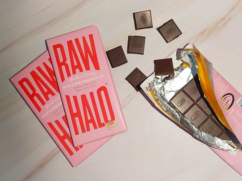 raw halo mylk and pink himalayan salt vegan chocolate bar