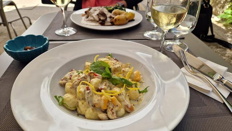 Vegan restaurant Remédio Santo is filled with vegan delights like this lime and mustard gnocchi served with toasted almonds, jalapeños, sun-dried tomatoes, and mint. Photo © Selene Nelson 