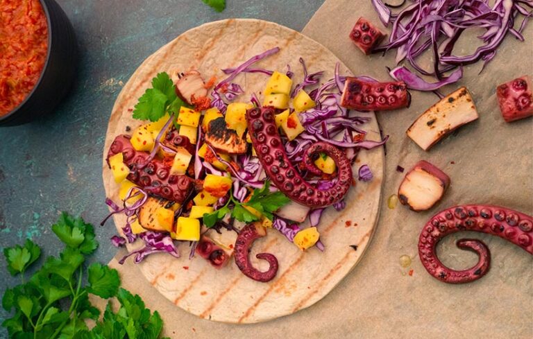 Made from mycoprotein, the tentacles can be grilled, fried, or baked to create octopus-based dishes such as Pulpo a la Gallega, Takoyaki, or octopus salads.  Photo © Revo Foods