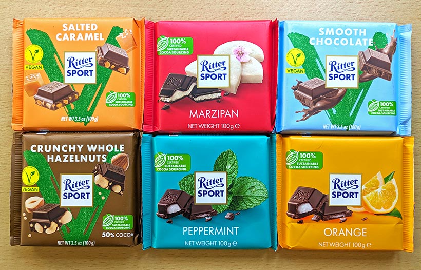 A selection of vegan chocolate bars from Ritter Sport