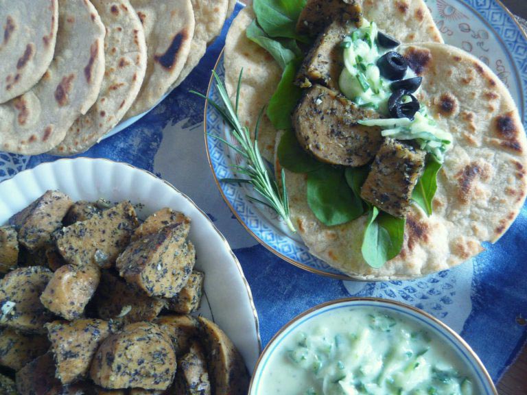 Seitan Tacos with Homemade Flatbreads & Cucumber Dressing