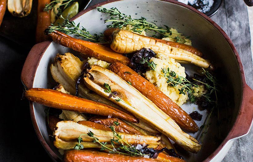 Spiced Maple Roast Carrots & Parsnips with Mustard Polenta Mash