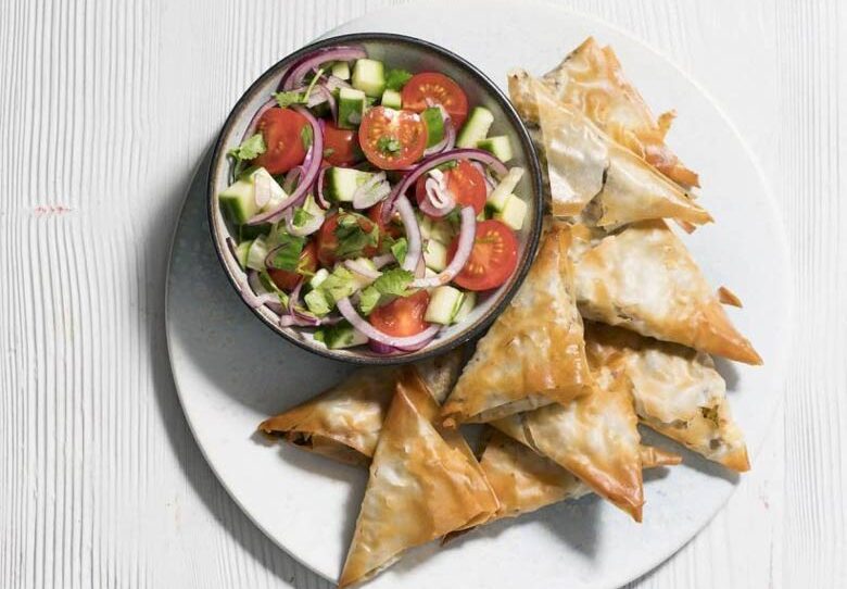 Spiced spring green and potato samosas with kachumber salad - healthy vegan lunch ideas