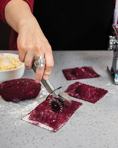 Step 7 - cutting the vegan beetroot ravioli into squares