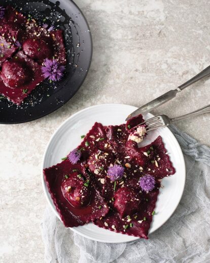 Step 9 - serving vegan beetroot ravioli