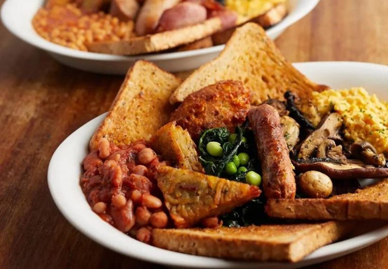 The fully loaded Vegan Boss breakfast from Boston Tea Party comes with sausages, sweetcorn fritters, scrambled sweetcorn, baked beans, hash browns, mushrooms, seasonal greens, two slices of toast. Photo © @btpcafes/Instagram