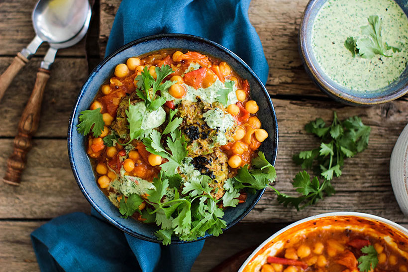 omato & Chickpea Curry with Potato & Pea Cakes