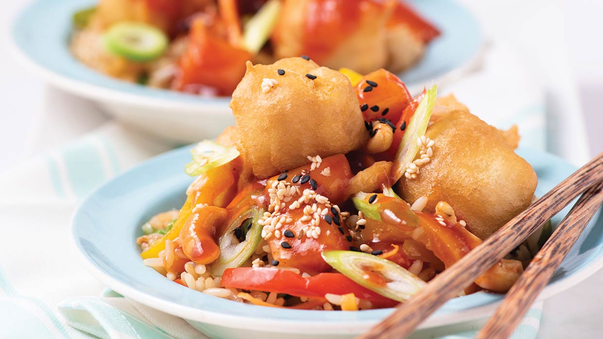 Vegan Sweet & Sour Tofu Balls with Vegetable Fried Rice