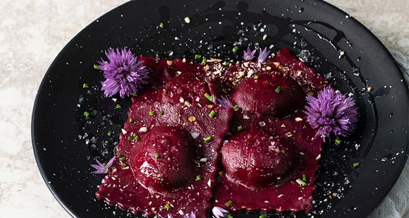 Vegan Beetroot Ravioli with Almond Ricotta & Chives